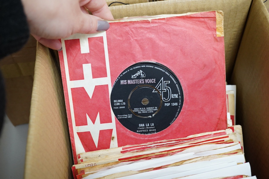 Three boxes of 7 inch singles, all on HMV record labels, artists include; Ray Charles, Manfred Mann, The Swinging Blue Jeans John Leyton, Mike Berry, Kay Starr, Tony Martin, Eddie Fisher, Don Lang, Fats Domino, Johnny Ki